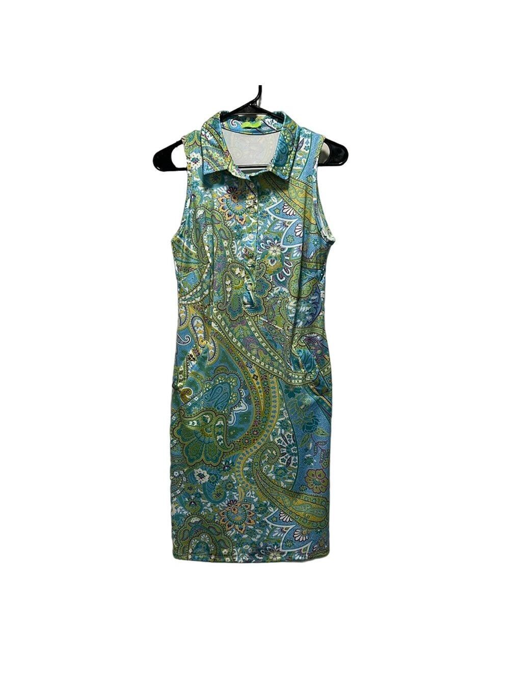 Tee 2 Sea Sleeveless Collared Golf Dress in Blue/Green Floral Paisley Size Small